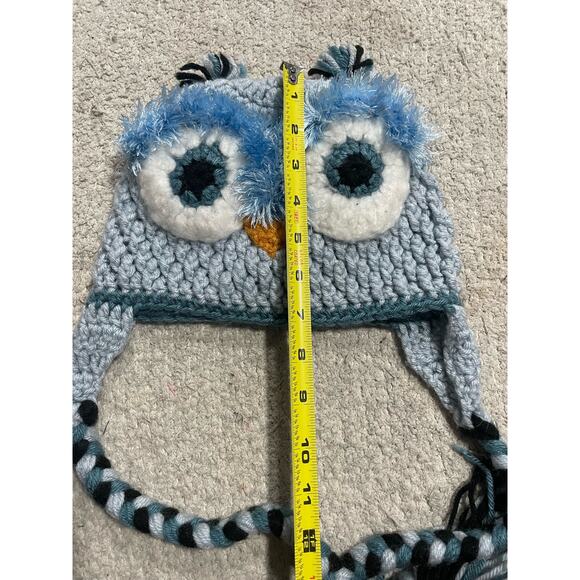 Handmade Owl Winter Hat Blue White Fuzzy Ear Flap Tassles Knitted Crocheted - Picture 2 of 7